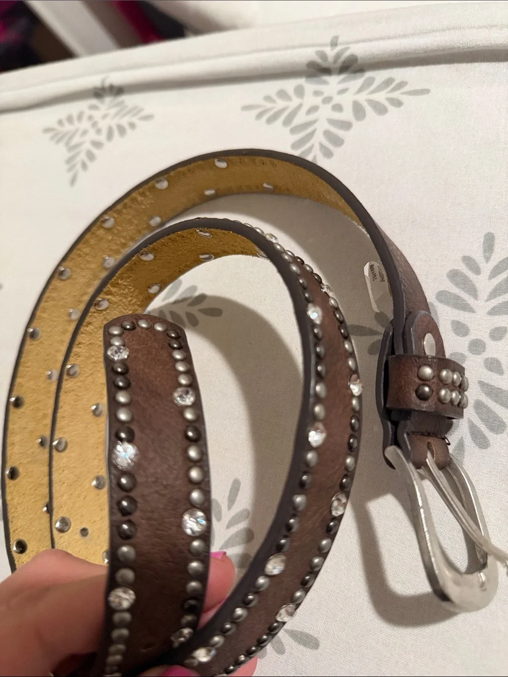 Studded Brown Leather Belt with Crystal Accents
